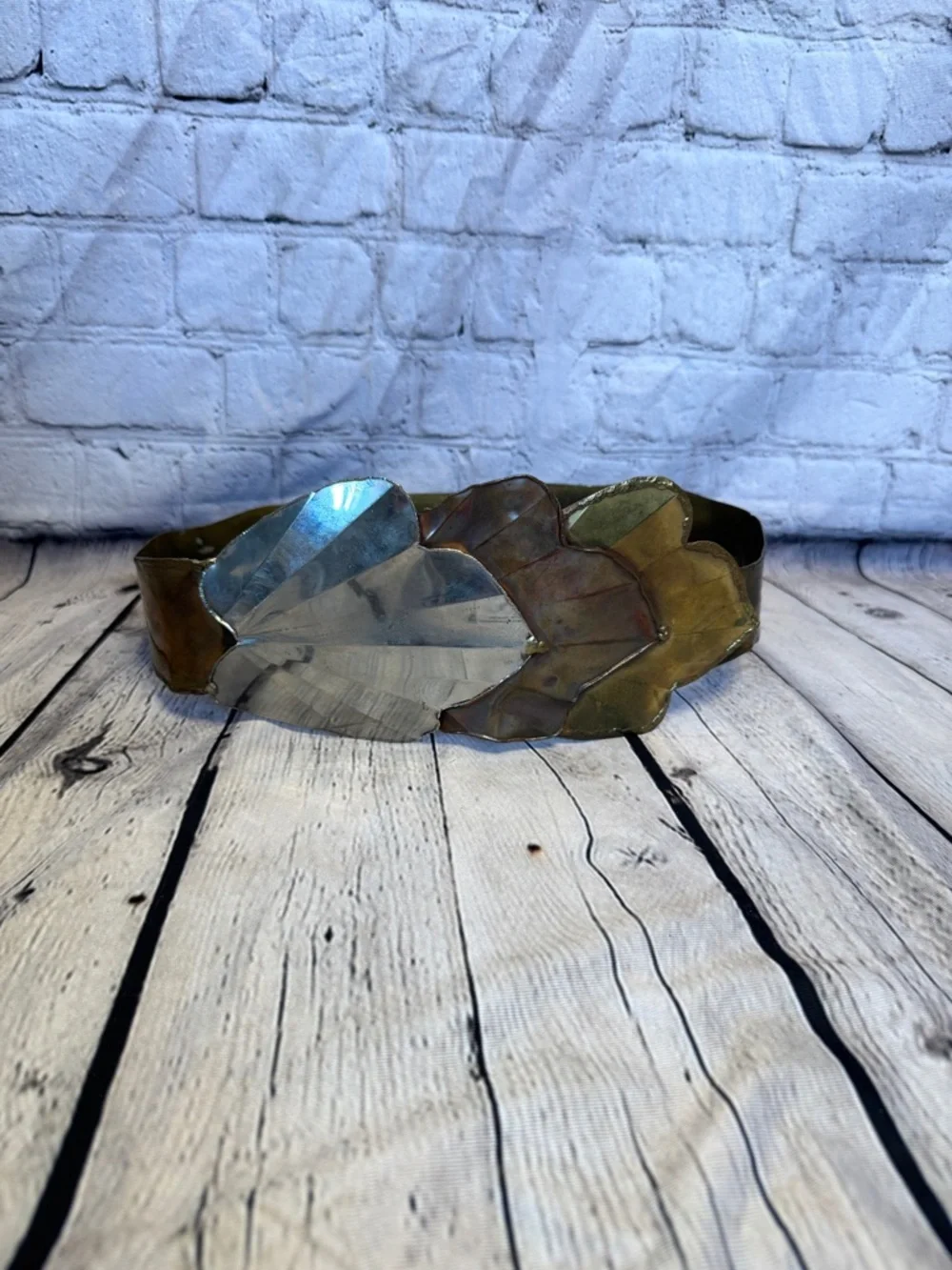 Vintage 80s Artisan Mixed Metal Scalloped Leaf Wide Belt Gaudy Unique Avantgarde